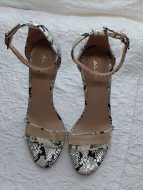ALDO Snake-Print Ankle-Strap Heels in Black & Silver Sz 7.5